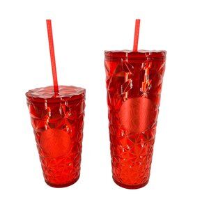 Starbucks Poinsettia Red Prism Tumbler Set With Lids Straws 16 Oz & 24 Oz